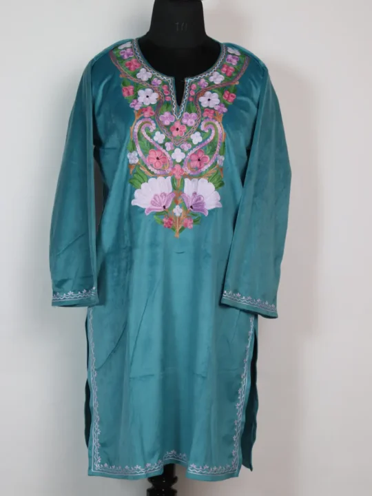 Blue Velvet Long Kurti in Aari Work Aizah
