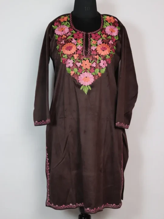 Ilham Long Wine Velvet Kurti in Aari Work