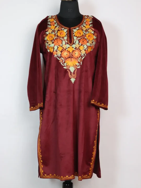 Long Maroon Velvet Kurti in Aari Embroidery Nazaqat