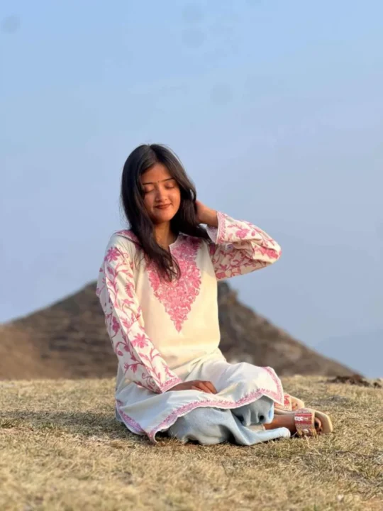 Cotton Kashmiri Long Kurti With Aari Sleeve Work Wasiya