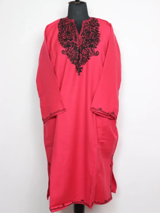 Hot Pink Cashmilon Wool Pheran with Huma Aari Embroidery