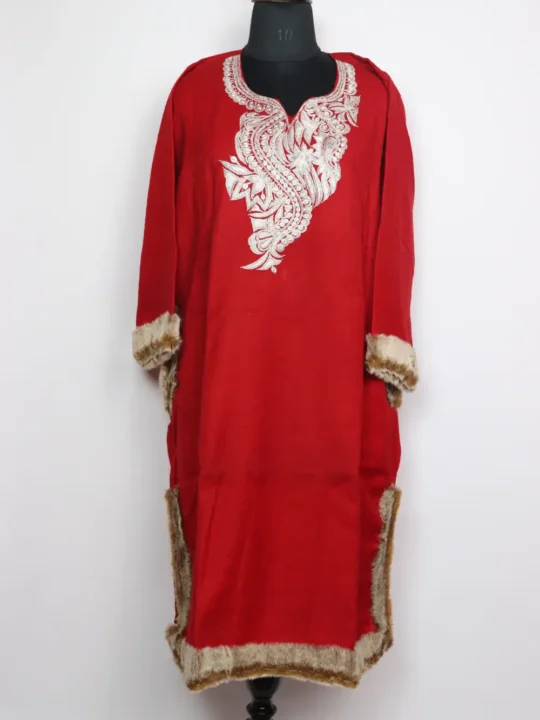 Zoya Raffal Wool Fur Red Pheran with Botte Tilla Embroidery