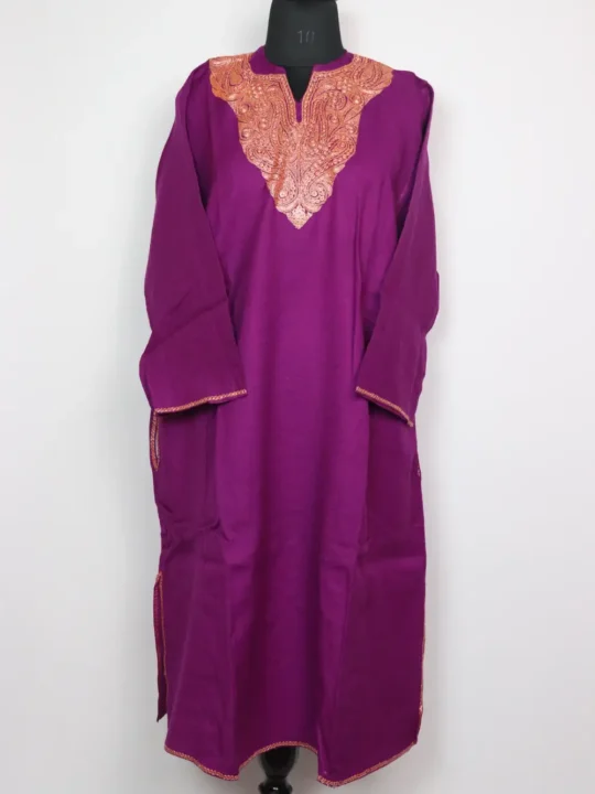 Farah Raffal Wool Pheran in Purple with Botte Tilla Embroidery