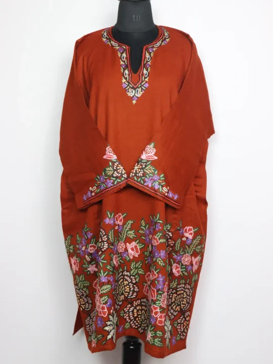 Wania Raffal Wool Pheran in Brownn with Hand Aari Embroidery