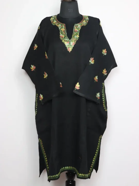 Black Raffal Wool Yumna Pheran with Sozni Embroidery