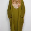 Loose Tahira Raffal Wool Pheran in Mehndi Green with Botte Tilla Embroidery