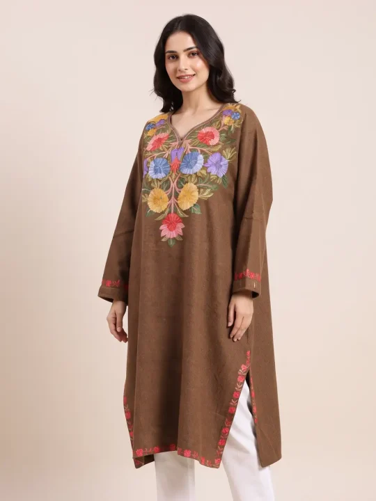 Mehr Original Poshish Tweed Aari Work Brown Pheran from Kashmir | 100% Pure Wool