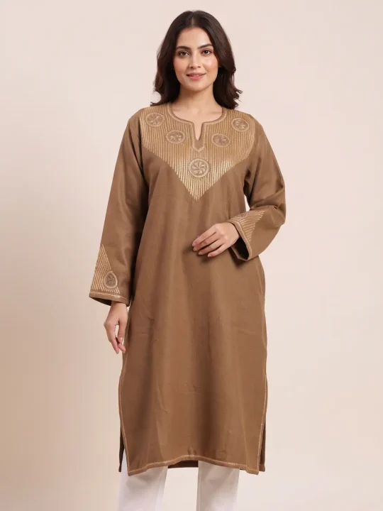 Beige Loose Pheran Tweed Aharbal Kashmiri in Sleeve Botte Tilla
