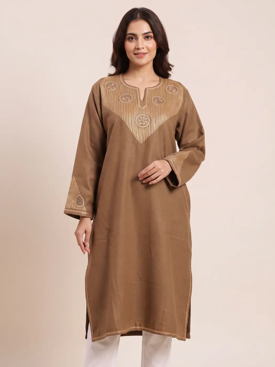 Beige Loose Pheran Tweed Aharbal Kashmiri in Sleeve Botte Tilla