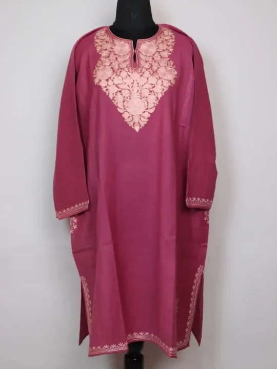 Ayzel Aari Embroidered Pink Pheran in Raffal Wool