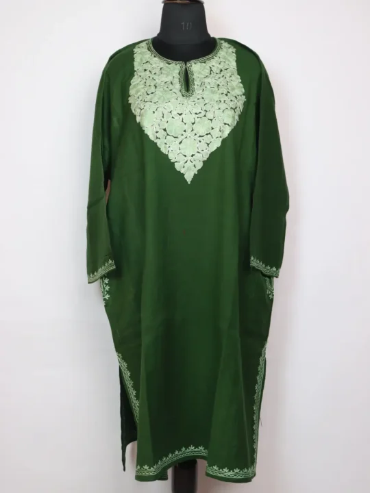 Ayzel Aari and Zari Embroidered Green Pheran in Raffal Wool