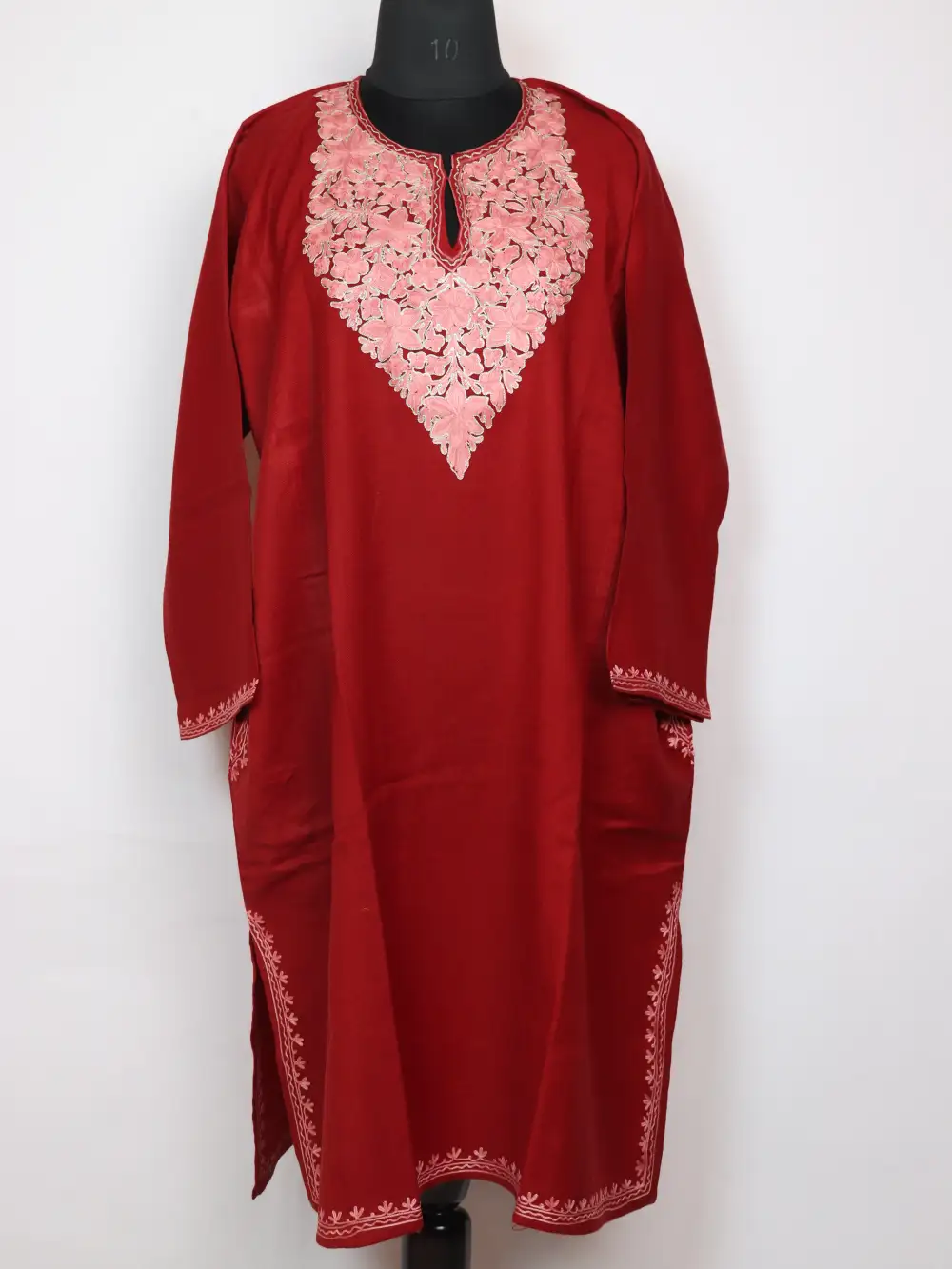Maroon Aari and Zari Embroidered Ayzel Pheran in Raffal Wool
