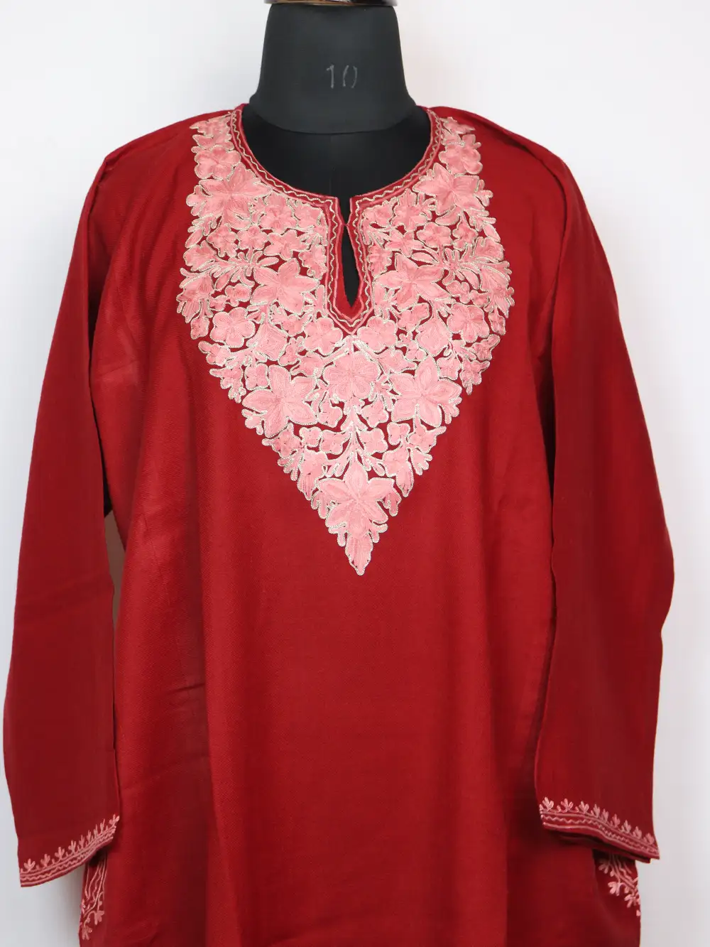 Maroon Aari and Zari Embroidered Zarkan Pheran in Raffal Wool - Image 2