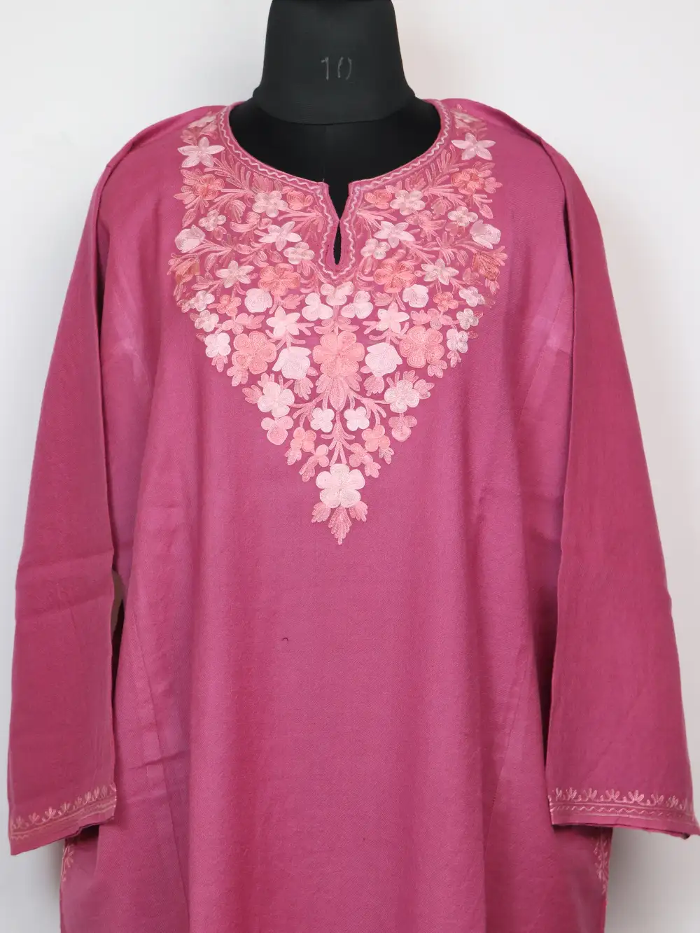Pink Raffal Wool Loose Pheran Ayzel with Aari Work - Image 2
