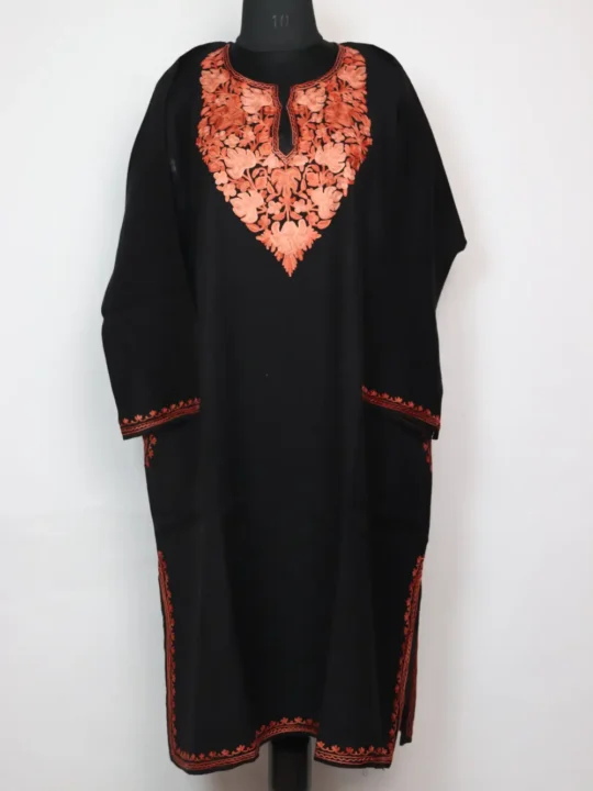 Raffal Wool Black Loose Pheran Ayzel with Aari Work