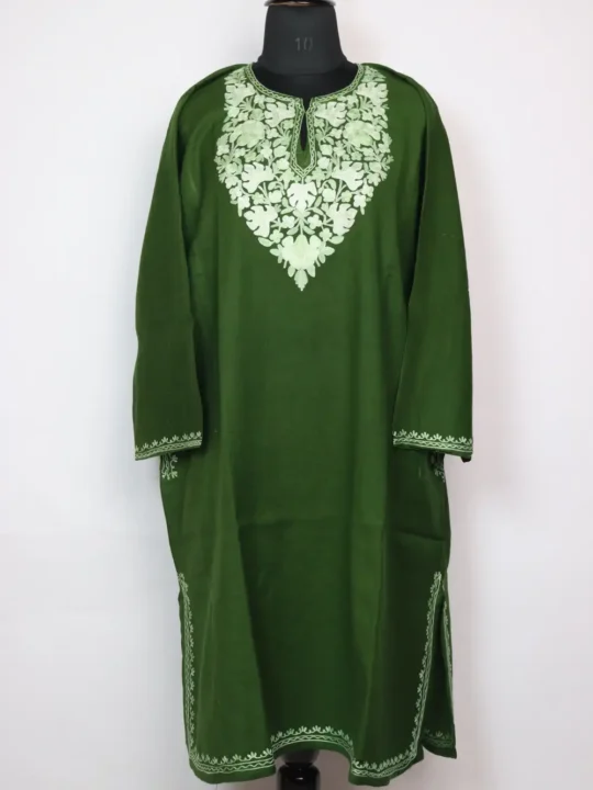 Green Loose Aari Work Pheran in Ayzel Raffal Wool