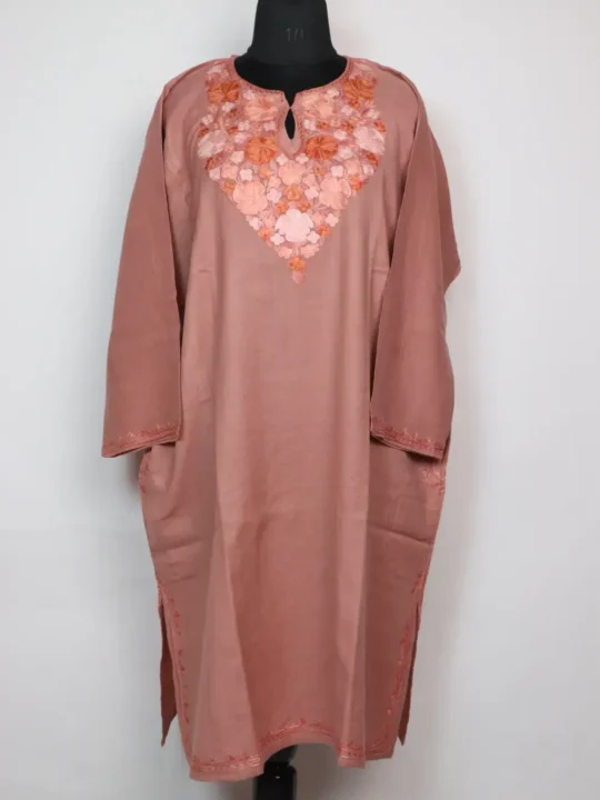 Ayzel Aari Embroidered Light Pink Pheran in Raffal Wool
