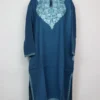 Aari Embroidered Ayzel Teal Blue Pheran in Raffal Wool