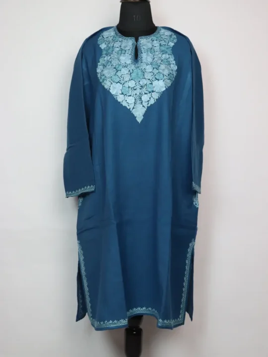 Aari Embroidered Ayzel Teal Blue Pheran in Raffal Wool