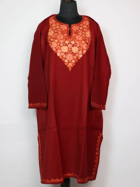 Aari Embroidered Maroon Pheran in Raffal Wool Ayzel