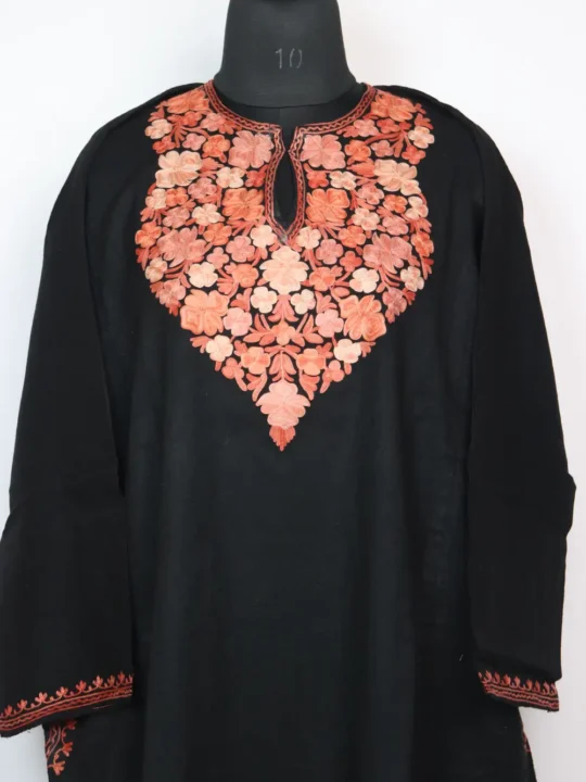 Black Aari Embroidered Pheran in Raffal Wool Ayzel
