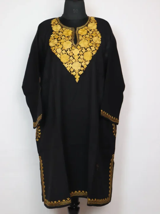 Aari Embroidered Ayzel Black Pheran in Raffal Wool