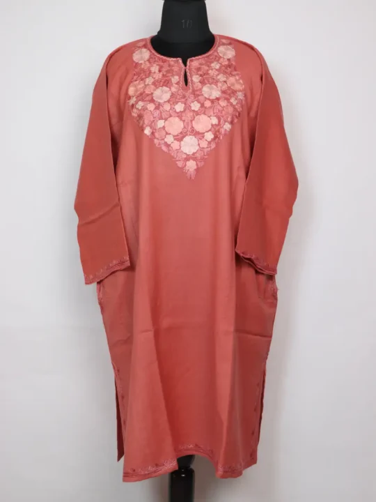 Dusty Pink Aari Embroidered Ayzel Pheran in Raffal Wool