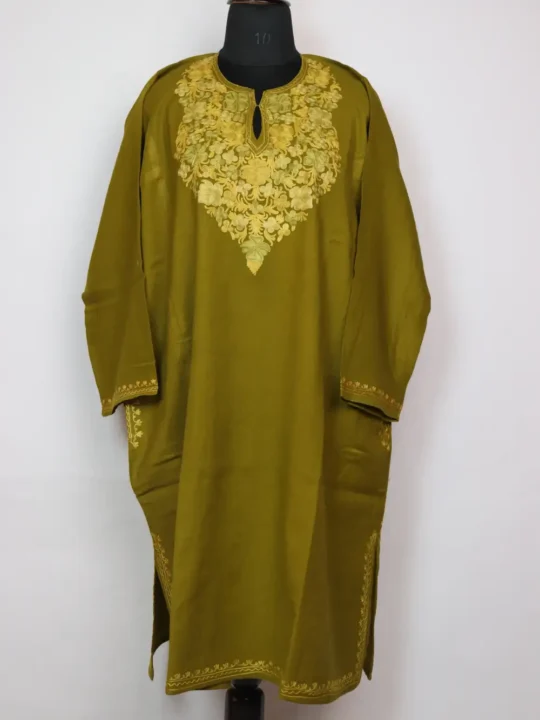Mehndi Green Ayzel Aari Embroidered Pheran in Raffal Wool
