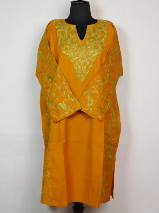 Jameel Mustard Pheran In Raffal Wool with Sleeve Aari Work