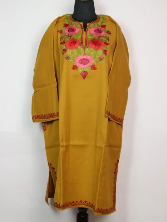 Mustard Pheran Haya with Aari Embroidery In Raffal Wool