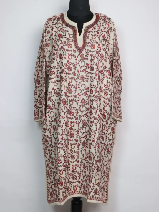 Nawal Loose White Pheran in Raffal Wool with All-Over Jaal Front Hand Sozni Work