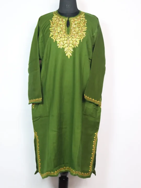 Olive Green Raffal Wool Pheran with Sozni and Paper Machie Work