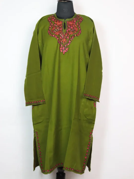 Naghma Olive Raffal Wool Pheran with Sozni and Paper Machie Work
