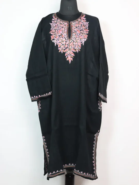 Black Loose Raffal Wool Meher Pheran with Sozni and Paper Machie Work