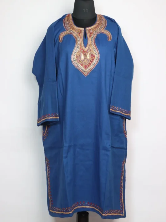 Blue Raffal Wool Nailah Pheran with Curve Naal Hand Sozni and Tilla Work