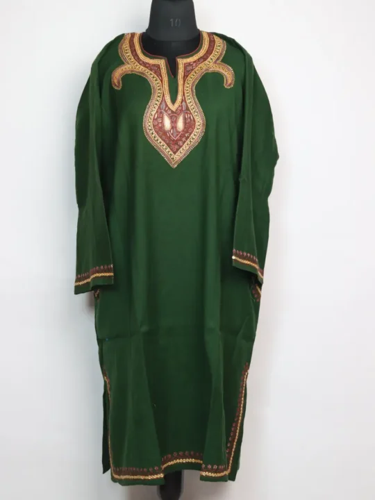 Dark Green Raffal Wool Pheran Huma with Curve Naal Hand Sozni and Tilla Work