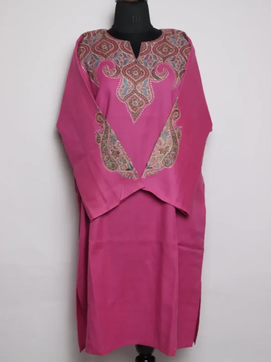 Pink Raffal Wool Mirza Pheran with Hand Sozni Work
