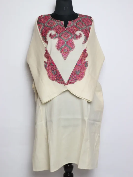 Mirza Cream Raffal Wool Pheran with Hand Sozni Work