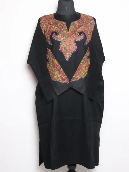 Mirza Black Raffal Wool Pheran with Hand Sozni Work