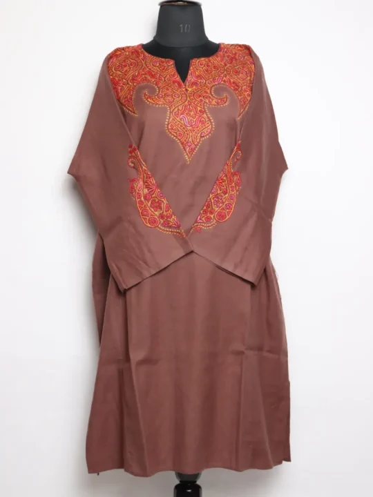 Kashmiri Brown Raffal Wool Pheran with Hand Sozni Work Mirza
