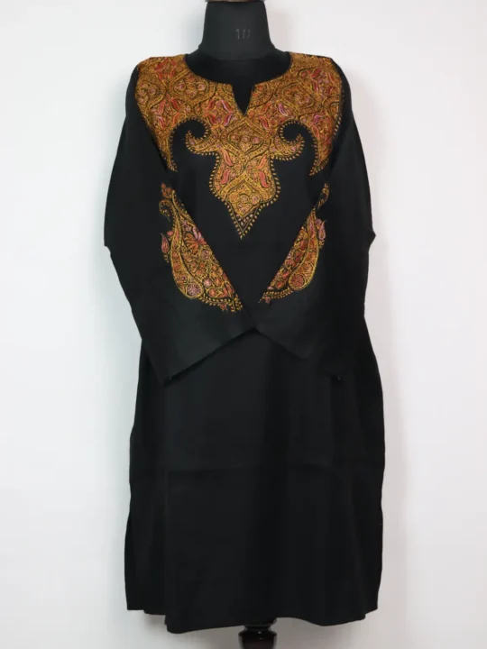 Black Raffal Wool Kashmiri Pheran with Hand Sozni Work Mirza