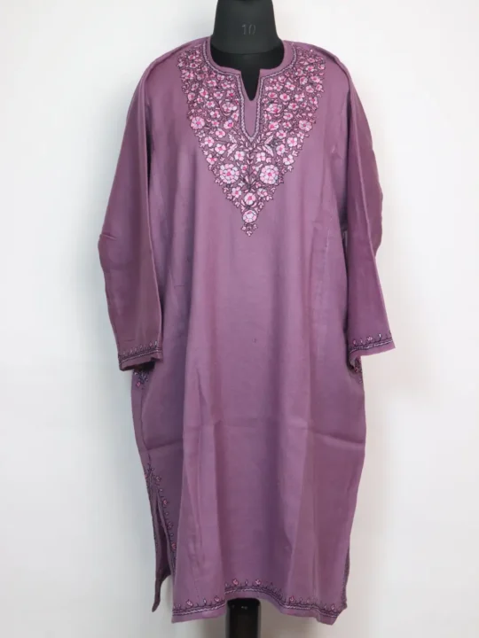 Meheer Purple Loose Pheran in Raffal Wool Paper Machie & Hand Sozni Work