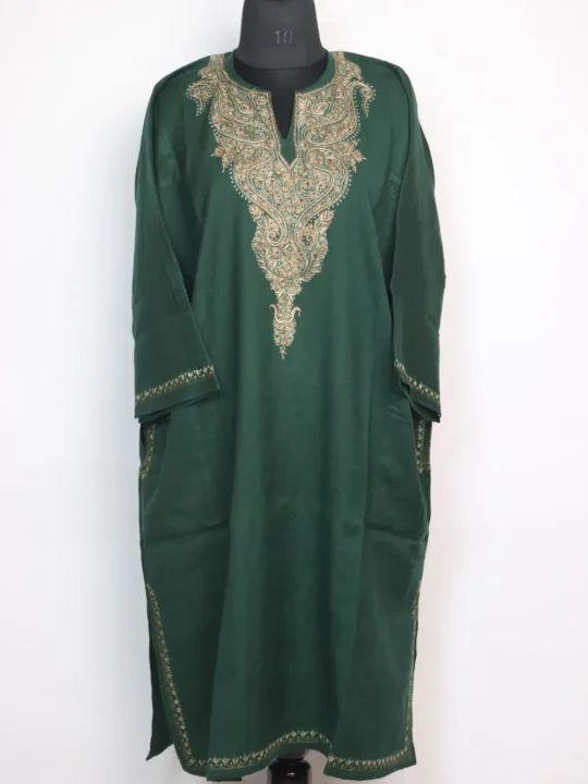 Loose Green Budgam Pheran in Raffal Wool with Hand Sozni Work
