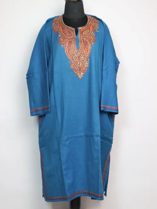 Budgam Loose Blue Pheran in Raffal Wool with Hand Sozni Work