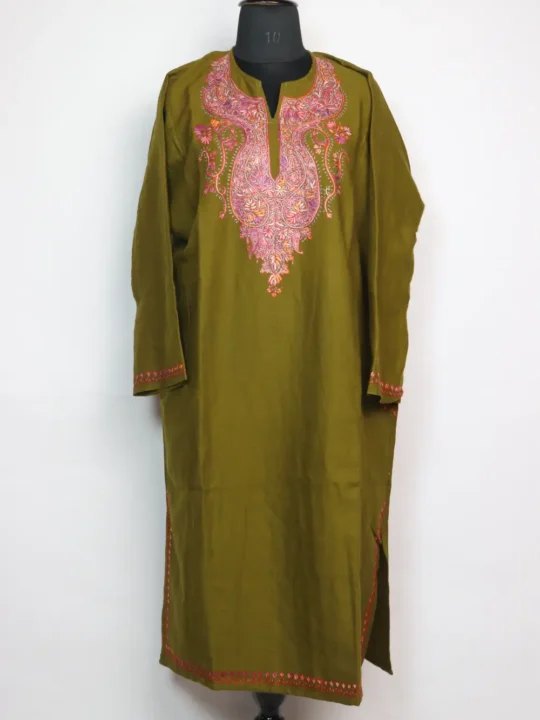 Mehndi Green Pheran in Budgam Raffal Wool with Hand Sozni Work