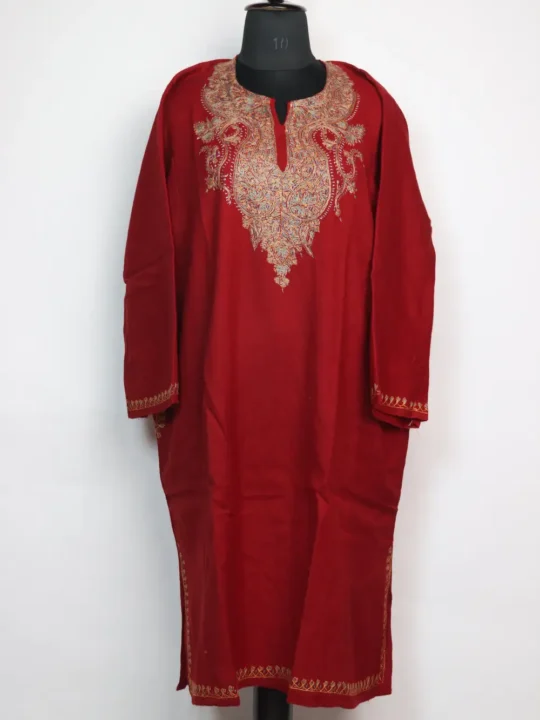 Raffal Wool Maroon Pheran with Hand Sozni Work Budgam