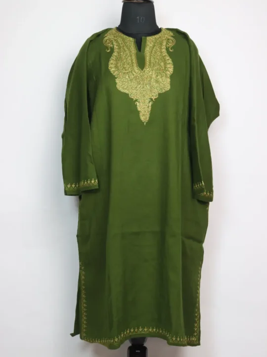 Olive Raffal Wool Loose Pheran with Hand Budgam Sozni Work