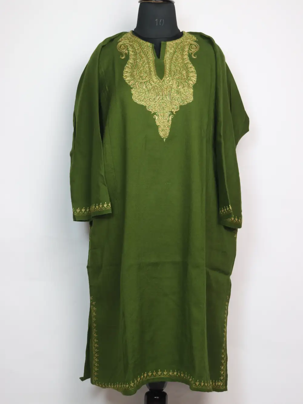 Olive Raffal Wool Loose Pheran with Hand Budgam Sozni Work