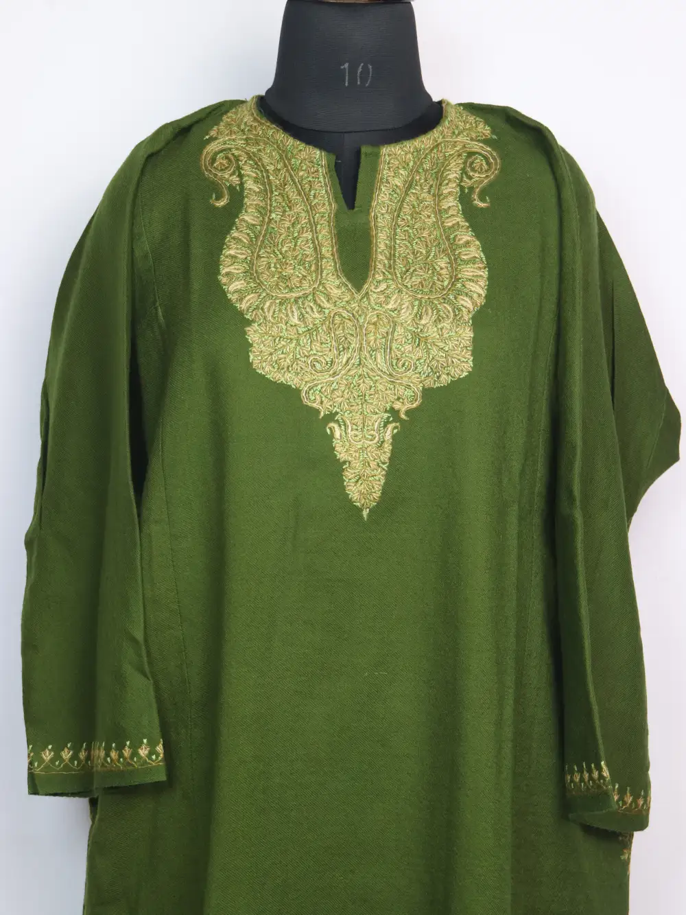 Olive Raffal Wool Loose Pheran with Hand Budgam Sozni Work - Image 2