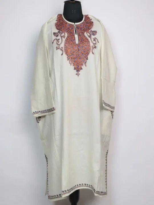 White Raffal Wool Loose Pheran with Hand Budgam Sozni Work